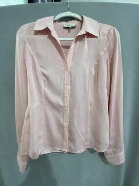 Jones & Co Light Pink Button Down Blouse Size 8 Sheer Office Top Long Sleeve